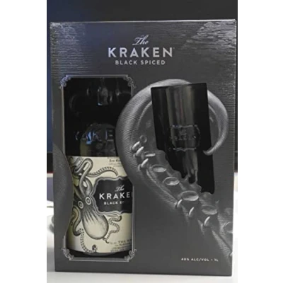 Abbildung von The Kraken Black Spiced Rum Geschenkverpackung mit Glas 40% vol 1 L (Rum Basis)