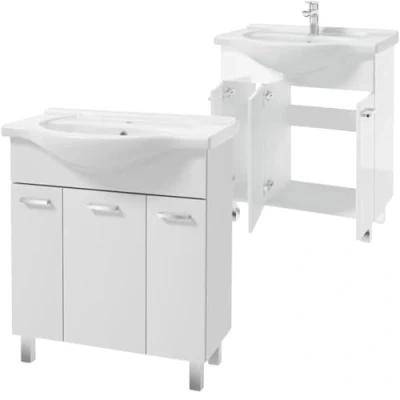Abbildung von Deftrans Domodomo Badezimmerschrank mit Waschbecken, 82 x 75 33 cm weißer Waschbeckenschrank, Keramik Waschbecken Set, Standschrank für Bad