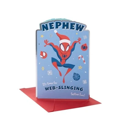 Abbildung von UK Greetings Disney Spider Man Neffe Weihnachtskarte mit Umschlag lustiges Design Spiderman Weihnachtsmütze