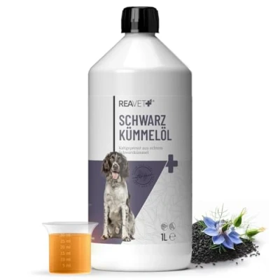 Abbildung von ReaVET Schwarzkümmelöl 1L für Hunde &amp; Pferde Kaltgepresst aus echtem Schwarzkümmel I Nigella Sativa Barf Zusatz Hund, Kümmel Öl Pferd Reich an Omega 6 9 Fettsäuren Fell Haut
