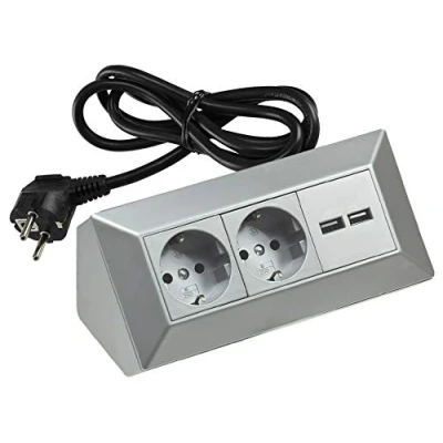 Abbildung von ChiliTec Steckdosenblock Ecksteckdose 2 Fach Schutzkontaktsteckdose 2X USB A 3,1A mit 1,5m Kabel Silber Grau