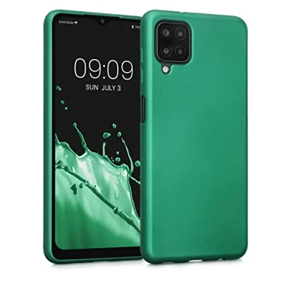 Abbildung von kwmobile Case kompatibel mit Samsung Galaxy A12 Hülle Schutzhülle aus Silikon metallisch schimmernd Handyhülle Metallic Dunkelgrün
