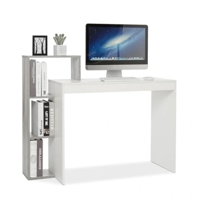 Abbildung von Mondeer Kleiner Schreibtisch, Moderner Computertisch mit 3 stöckiges Regal, Platzsparend, 110 x 40 92 cm, Geeignet für Heimbüro Arbeitszimmer Platz, Weiß und Grau