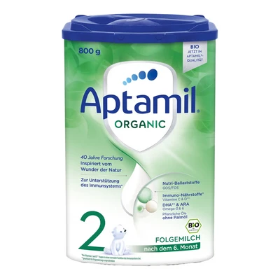 Abbildung von Aptamil Organic 2 Bio Folgemilch nach dem 6. Monat, Mit Omega 3, DHA &amp; ALA, Ohne Palmöl, Babynahrung, Milchpulver, 1x 800 g