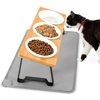 Abbildung von Lannvan Katzennapf Erhöht, 3er Set Futternapf Katze aus Keramik mit Napfunterlage Silikon, Ergonomischer Futterstation 15gekippte Katzen Hundenapf,Fressnapf und Wassernapf für kleine Hunde