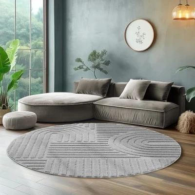 Abbildung von Hochflor Rund Teppich Wohnzimmer Küchenteppich Schlafzimmer Läufer Flur Skandi Boho 3D Design Flauschig Weich, Größe: 120 x cm Farbe: Silber