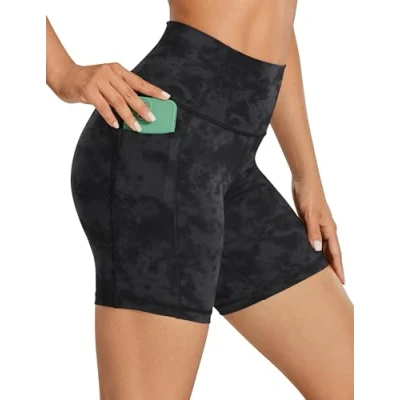 Abbildung von CRZ Yoga Naked Feeling Damen Kurze Leggings High Waist Radlerhose Fitness Sporthose mit Taschen 15cm Der Rauchtintennebel 42