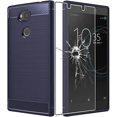 Abbildung von ebestStar Hülle für Sony Xperia L2 Dual (2018), Silikon Handyhülle Cover, Carbon Fiber Texture Schutzhülle, Dunkelblau + Panzer Schutz Glas