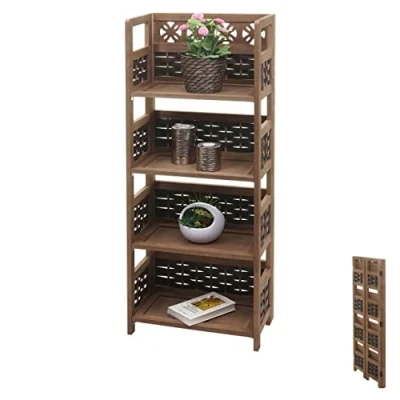 Abbildung von Mendler Regal HWC K86, Standregal Wohnregal, klappbar 4 Ablagen, Holz 110cm Dunkelbraun, Geflecht Dunkelbraun