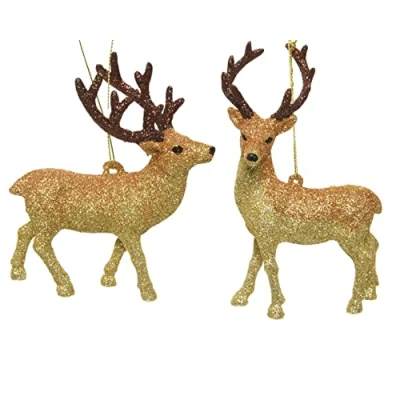 Abbildung von Kaemingk Christbaumschmuck Kunststoff 11cm x 1 Stück Sortiert Hirsch mit Glitzer bruchsicher Gold