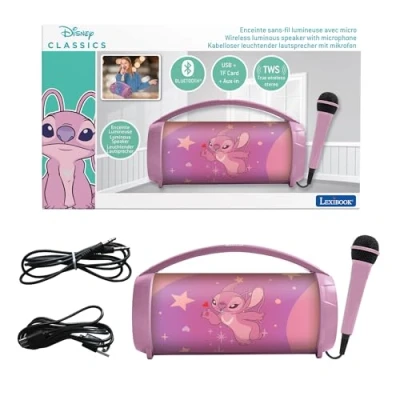 Abbildung von Lexibook, Disney Stitch, Leuchtender kabelloser Lautsprecher Angel mit Mikrofon, Stereo Sound, Karaoke Funktion, USB und SD Karten Anschluss, Wiederaufladbarer Akku, Tragegriff, Rosa, BTP585D1Z