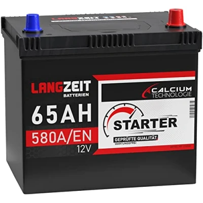 Abbildung von LANGZEIT ASIA Autobatterie 65Ah 12V 580A/EN Batterie Plus Pol Rechts 30% mehr Startleistung ersetzt 60Ah