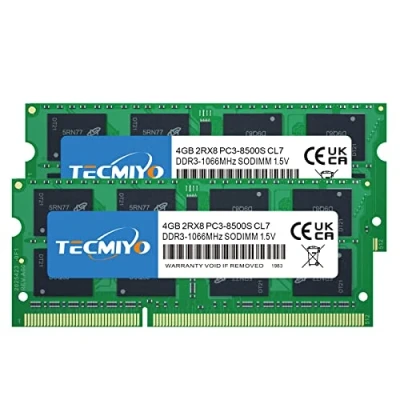 Abbildung von TECMIYO 8GB DDR3 RAM(2x4GB) PC3 8500 1066MHz Laptop Sodimm Speicher CL7 204 Pin 1,5V Nicht ECC ungepufferte RAM Module