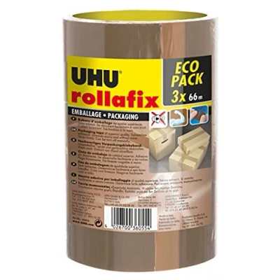 Abbildung von UHU Rollafix Verpackungsklebeband, braun, 3 Stück à 66 m x 50 mm