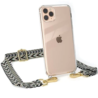 Abbildung von EAZY CASE Handykette Verstellbarer Trageriemen kompatibel mit iPhone 11 Pro Max, Schulterriemen, schmales Band, Handykordel, Riemen für Handyketten, Grün/Schwarz Metall Gold