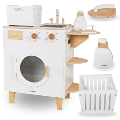 Abbildung von Mamabrum Kinder Waschmaschine aus Holz Spielset mit Bügeleisen und Wäschekorb