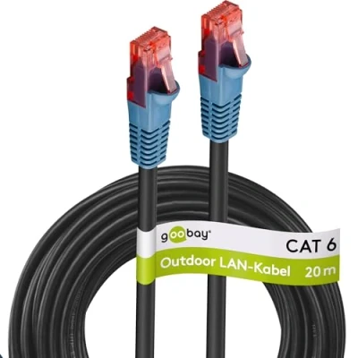 Abbildung von goobay 94392 Outdoor Patchkabel CAT 6 Kabel / 2fach PE Mantel Wasserdicht RJ45 Stecker Ethernet Außenbereich Netzwerkkabel 20m Schwarz LAN