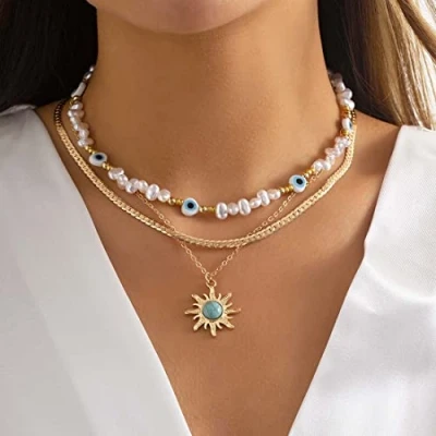 Abbildung von Prosy Punk Layered Sonne Türkis Choker Halsketten Gold Auge Halskette Kette Schmuck Einstellbar für Frauen und Mädchen