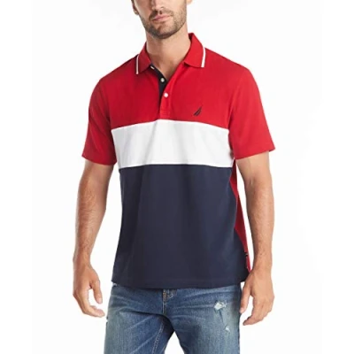 Abbildung von Nautica Herren Short Sleeve 100% Cotton Pique Color Block Polo Shirt Poloshirt, Nautisches Rot, 3X Groß