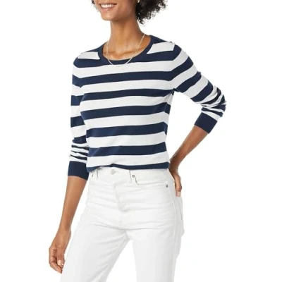 Abbildung von Amazon Essentials Damen Leichter, Langärmeliger Pullover Mit Rundhalsausschnitt (Erhältlich in Übergröße), Marineblau Weiß Rugby Streifen, XS