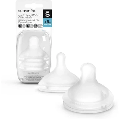Abbildung von SUAVINEX 307388, Packung mit 2 symmetrischen Sauger aus Silikon SX Pro, Dichtmasse für Milch oder dichte Flüssigkeiten, 6 Monate, Antikolik System