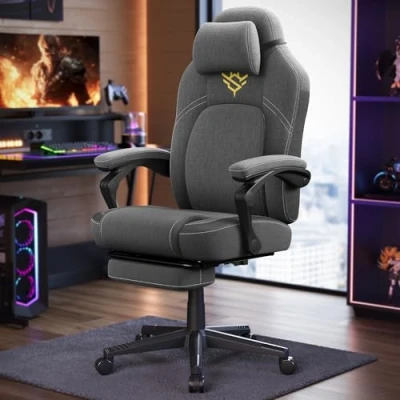 Abbildung von SONGMICS HOME Gaming Stuhl, ergonomischer Computerstuhl mit Fußstütze, Bürostuhl, Drehstuhl Kopfkissen, Baumwoll Leinen Mischgewebe, höhenverstellbar, Taubengrau OBG072G01