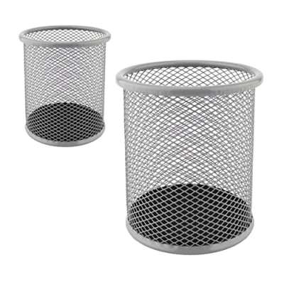 Abbildung von LEVIATAN 2 Stück Metall Stifteköcher Stiftehalter rund aus Drahtmetall Mesh Multifunktions Becher für Kugelschreiber Ø91 mm Aschgrau