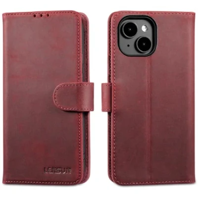 Abbildung von LENSUN Lederhülle für iPhone 15, Echtleder Hülle [Magnetverschluss][RFID Schutz][Echtes Leder] Handyhülle Handytasche Kompatibel mit 15 5G Retro Rot