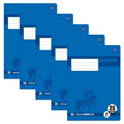 Abbildung von Staufen Premium Schulheft DIN A4, Lineatur 25 (9mm liniert mit Rand), 16 Blatt, 90g/m² Papier, 5 Stück
