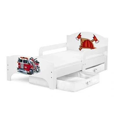 Abbildung von Leomark SMART Kleinkinderbett aus Holz Feuerwehr Kinderbett mit Schubladen für Bettwäsche, Feuerwehrbett Matratze, Stauraum, Rausfallschutz Lattenrost, Liegefläche 140 x 70 cm