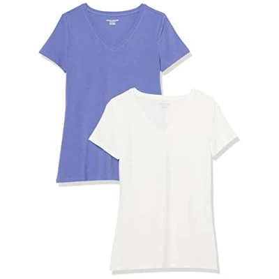 Abbildung von Amazon Essentials Damen Kurzärmeliges T Shirt mit V Ausschnitt, Klassischer Schnitt, 2er Pack, Lila Blau/Weiß, S