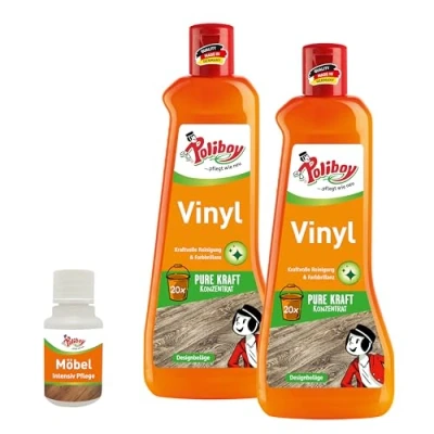 Abbildung von POLIBOY Vinyl Reiniger Bodenreiniger für Vinylboden &amp; Designboden Wischpflege als Reinigungskonzentrat mit pflegendem Jojobaöl 2x 500 ml inkl. Produktprobe Made in Germany