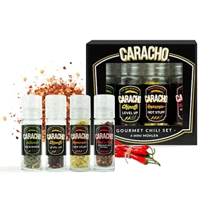 Abbildung von CARACHO Chili Mühlen Gourmet Set, 4 Mini im Geschenkset, Hochwertige Chilis mit verschiedenen Schärfegraden, Gewürz Chiliflocken in