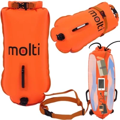 Abbildung von molti 2in1 aufblasbare Schwimmboje und Trockensack 15L 28L Pull Boje für Erwachsene Baywatch Orange Sicherheit beim Schwimmen Open Water Triathlon (BA002, Orange, 28 L)