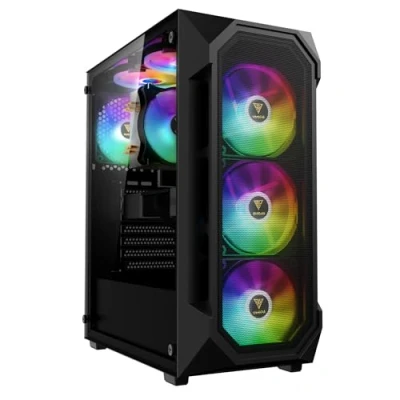 Abbildung von GAMDIAS Aura GC1 Elite ARGB ATX Gaming Midi Tower PC Gehäuse, 4 x 120 Lüfter, High Airflow Mesh Front Panel, Werkzeuglose Installation Tempered Glass Side Motherboard Sync, Schwarz