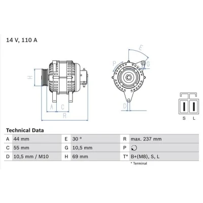 Abbildung von BOSCH 0 986 080 640 Lichtmaschine 14V 110A KIA: SORENTO 1, HYUNDAI: H 1 Kastenwagen