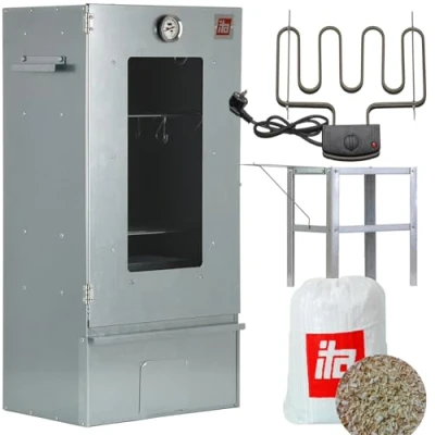 Abbildung von ITA Elektrischer Räucherofen 7000 Smoker Set mit Heizung, Tisch Räucherschrank Fenster &amp; Thermometer Legierter Stahl EU Qualität, Direkt vom Hersteller 81 cm 3 Etagen