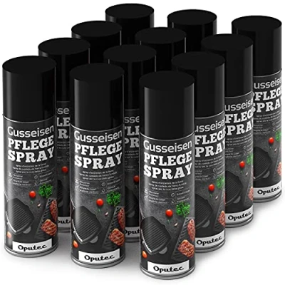 Abbildung von Oputec 12 x 500ml Gusseisen Pflegespray Ideales Grillzubehör zum Schutz &amp; der Pflege von Gussrosten, Pfannen, Töpfen, Dutch Oven, Grillrosten, Brätern aus Cast Iron Antihaft Schutzspray