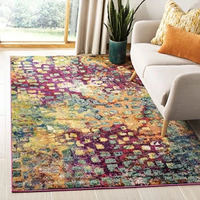 Abbildung von SAFAVIEH Boho Teppich für Wohnzimmer, Esszimmer, Schlafzimmer Monaco Collection, Kurzer Flor, Pink und Multi, 91 X 152 cm