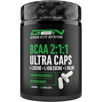 Abbildung von BCAA Ultra Caps 365 Kapseln mit hochdosierten 1100 mg pro Kapsel Optimales 2:1:1 Verhältnis Leucin, L Isoleucin, Valin Verzweigtkettige essentielle Aminosäuren