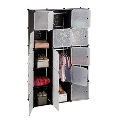 Abbildung von Relaxdays Regalsystem Kleiderschrank mit 11 Fächern, Garderobe 2 Kleiderstangen, DIY Kunststoff Steckregal, schwarz, 37 x 110 181 cm
