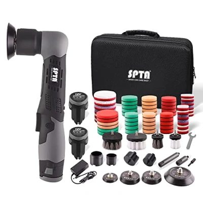 Abbildung von SPTA Akku Poliermaschine, Winkelpolierer, 12V Mini Ezenter Poliermaschine Polierer Mit, 25mm/50mm/80mm Polierteller/Polierschwamm/Wollscheibe, zum Polieren von Auto