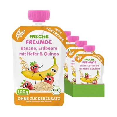 Abbildung von FRECHE FREUNDE Bio Quetschie Banane, Erdbeere mit Hafer &amp; Quinoa, Fruchtmus Getreide im Quetschbeutel für Babys ab dem 6. Monat, vegan, 6er Pack (6 x 100g)