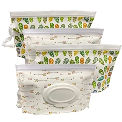 Abbildung von ULVBABI Tragbarer Feuchttücher Spender (4 Stück), wiederverwendbare Baby Windel Entsorgungsbeutel, nachfüllbar, persönlicher Reise Clutch Spenderhalter (Arrow &amp; Leaf Pattern)