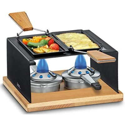Abbildung von Spring GOURMET PARTY, Käse Raclette 2 Personen, Edelstahl Wärmeverteilscheibe, Buchenholzplatte, Inkl. beschichtete Pfännchen, Holz Schaber, Sicherheits Pastenbrennern
