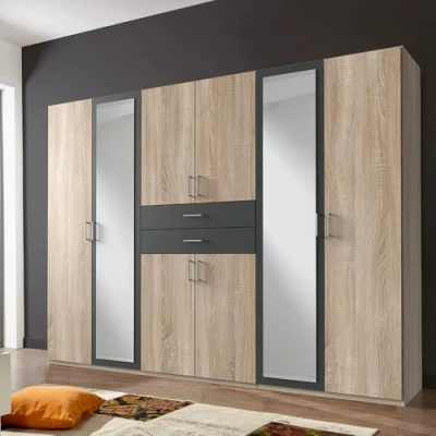 Abbildung von Lomadox Schlafzimmer Kleiderschrank Drehtürenschrank 270cm in Eiche und Graphit, mit 8 Türen, 2 Schubladen, Kleiderstangen