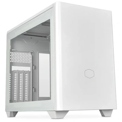Abbildung von Cooler Master MasterBox NR200P V2 Mini ITX PC Gehäuse weiß Glasseitenwand, vertikales GPU Layout, PCIe 4.0 x16 Riser Kabel, werkzeugloser 360 Grad Zugriff, 120 mm PWM Lüfter, USB 3.2 Gen 2x2 Typ C