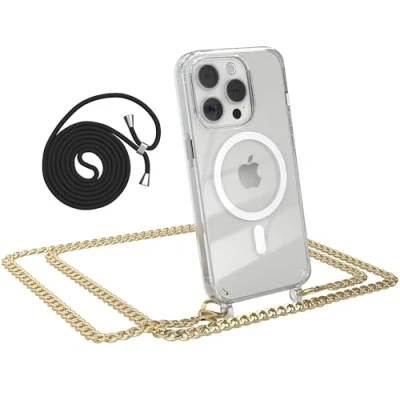 Abbildung von EAZY CASE Handykette kompatibel mit iPhone 15 Pro Kette zum Umhängen Stoßfest Handyhülle für Silikon Hülle Band aus Metall Transparent als Fallschutz in Gold