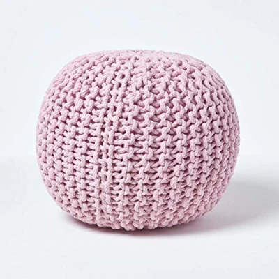 Abbildung von Homescapes Pouf Strickpouf rundes Bodenkissen, Sitzpouf 35 x 40 cm, gepolsterter Sitzhocker, Sitzpuff/Puff mit grob gestricktem Bezug aus 100% Baumwolle, Strickpuff, rosa/Hellrosa