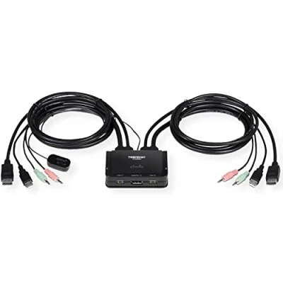 Abbildung von TRENDnet TK 220DPI 2 Port 4K DisplayPort 1.2 KVM Switch mit Audio, UHD (3840 x 2160@60Hz), 3,5 mm Lautsprecher/Mikrofon, USB 2.0, integrierte Kabel, Schwarz